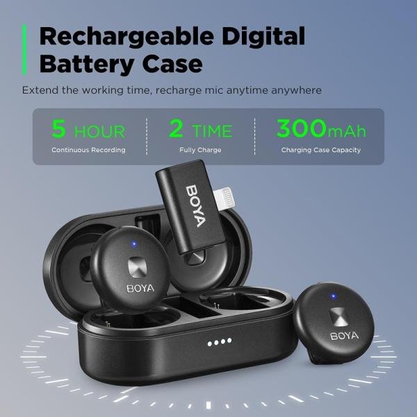 Boya Omic-D-W Wireless Microphone,Noise Cancelling Wireless Microphones for iPhone with Wireless Charging Case & Magnetic Clip, Lightning connector-Black-Omic-D(black)