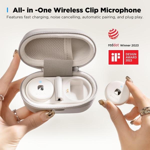 Boya Omic-D-W Wireless Microphone,Noise Cancelling Wireless Microphones for iPhone with Wireless Charging Case & Magnetic Clip, Lightning connector-White-Omic-D(white)