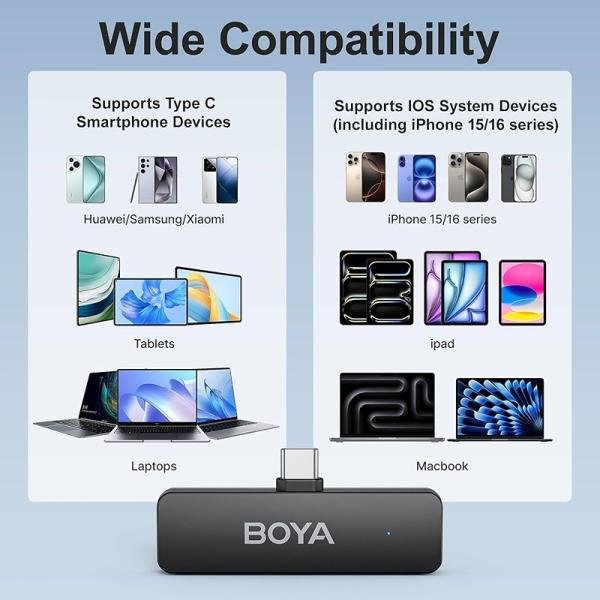 Boya BY-V4U Wireless Lavalier Microphone for iPhone 15/16 Series Type C Smartphone with charging case, 4-channel Omnidirectional Noise Canceling Lapel Mics-BY-V4U