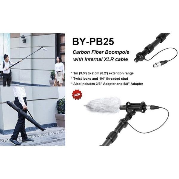 Boya Carbon Fiber Boompole with Internal XLR Cable, 1m (3.3') to 2.5m (8.2') extension Range, Three Telescoping Sections-BY-PB25